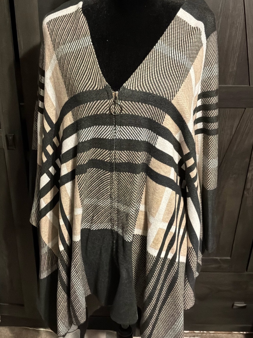 Joseph Off-the-Shoulder Plaid Poncho Sweater - Black, Beige & Cream